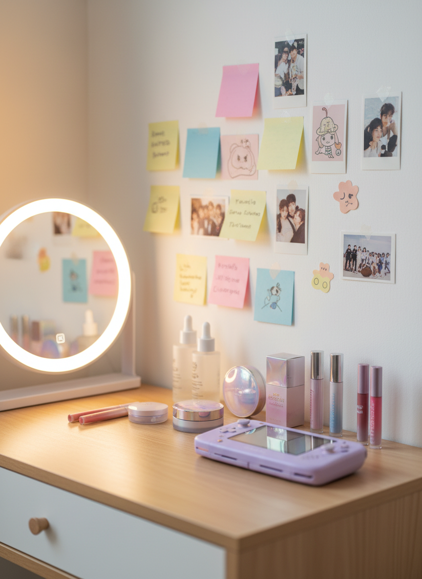 A bright Korean vanity corner in photographic realism, focusing on a light wood dressing table against a white wall decorated with pastel sticky notes and tiny, text-free photo prints suggesting idol posters and game artwork. On the tabletop, neatly arranged K-beauty products—frosted glass serum bottles, cushion compacts with iridescent lids, and slim gradient lip tints—sit beside a handheld game console in soft lavender. A round LED mirror glows softly, casting even, diffused light across the glossy packaging and creating gentle reflections. Morning sunlight seeps in from an unseen window, adding a warm edge to the cool mirror light. The composition uses shallow depth of field to keep the central products sharp while the wall decor blurs into cozy color patches, conveying a playful, personal mix of gaming and beauty in everyday Korean life.