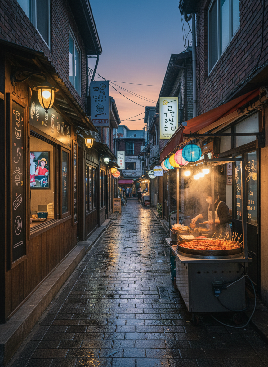 A narrow Seoul alleyway at dusk in photographic realism, framed from eye level, with small independent cafes and eateries lining both sides. Handwritten-style menu boards are suggested without legible text, replaced by abstract patterns and icons. The cobblestone ground glistens slightly from recent rain, reflecting pastel neon lights from signboards and window displays. On the right, a tiny tteokbokki stall has a steaming metal pan of bright red rice cakes and skewered fish cakes in broth. Soft golden streetlights cast gentle, elongated shadows, while the sky transitions to deep blue. The mood is playful and inviting, capturing the excitement of Korean street food adventures and nighttime wandering, with a slight bokeh effect on the far background to keep the scene personal and cinematic.