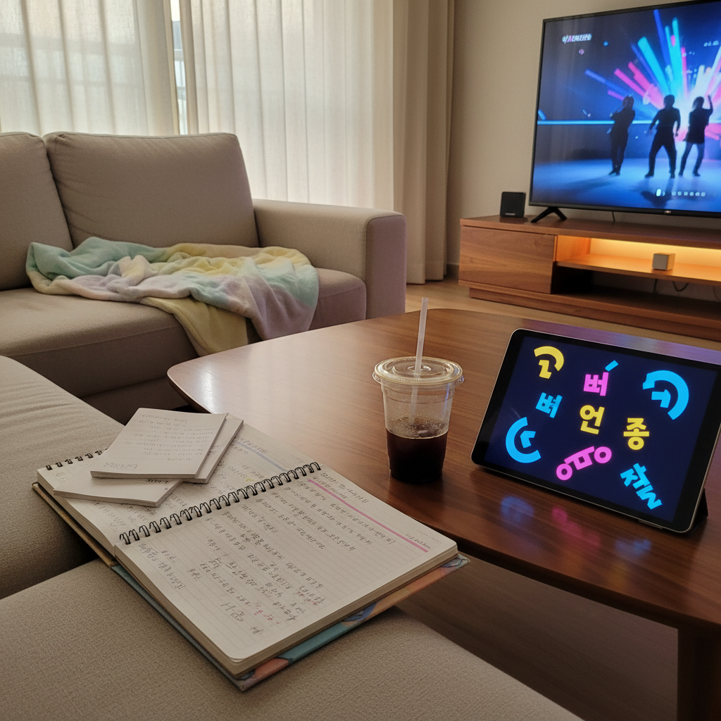 A photographic realism interior scene of a small Seoul living room corner, captured from a low, slightly angled perspective. A pale fabric sofa is draped with a soft pastel blanket, facing a low wooden coffee table scattered with open Korean language notebooks, a tablet showing stylized Hangul slang examples as abstract shapes, and a half-finished iced coffee in a clear plastic cup with condensation beads. In the background, a large TV displays a colorful idol music show paused mid-performance, with the figures softened into unrecognizable silhouettes. Soft evening light filters through sheer curtains, complemented by warm indirect LED strip lighting around the TV console, creating cozy highlights on the table’s wood grain. The mood is relaxed and playful, evoking a creator’s everyday downtime of studying, watching idols, and chilling at home in Korea.